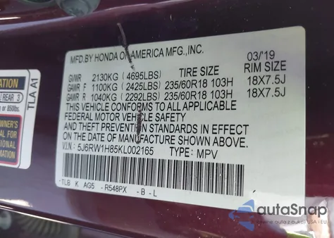 2019 Honda Cr-V Exl from USA, damaged, VIN 5J6RW1H85KL002165